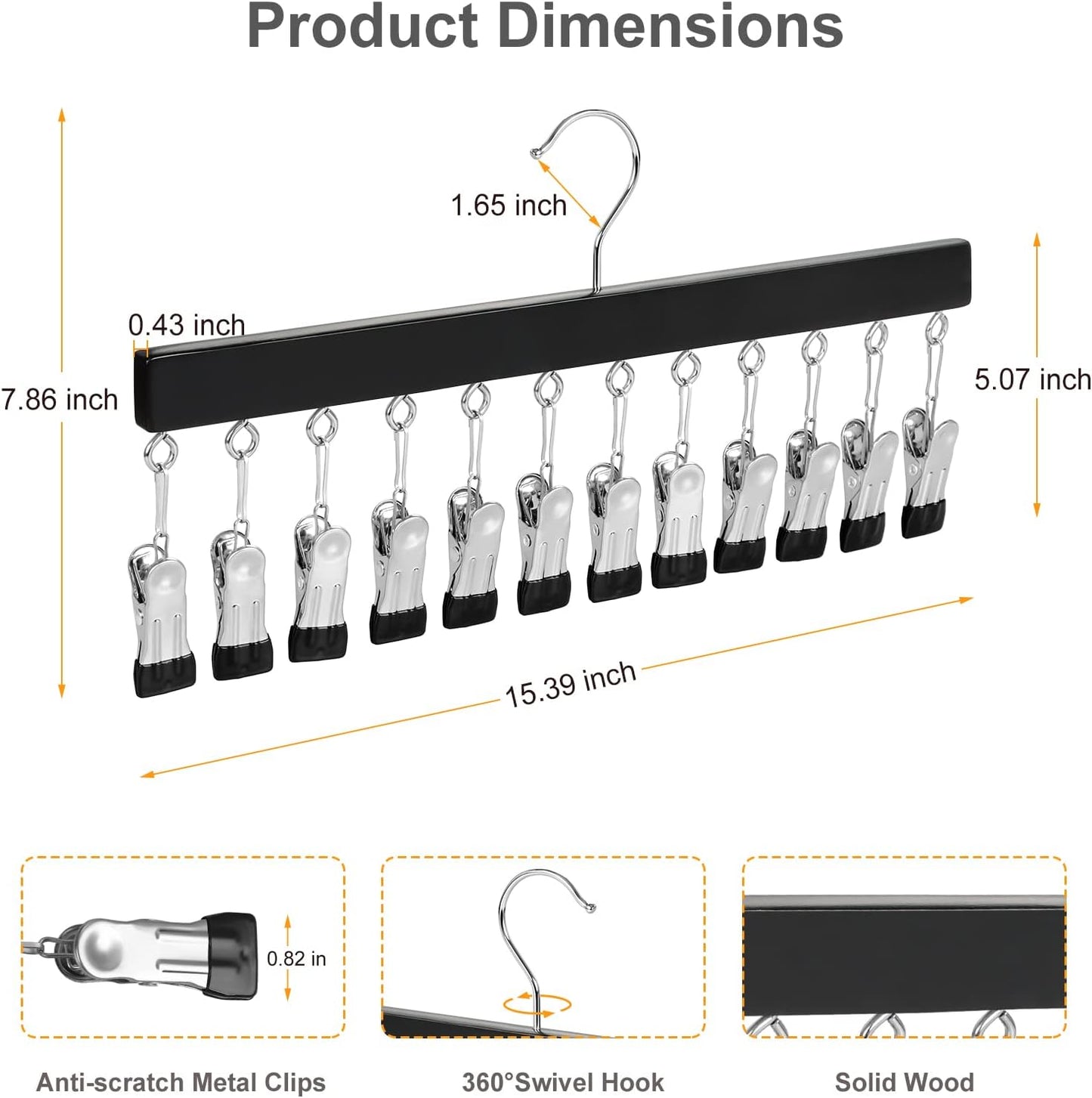 Wooden Clothes Organizer with 12 Stainless Steel Clips