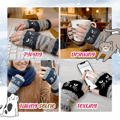 Meow Winter Cute Fingerless Mittens