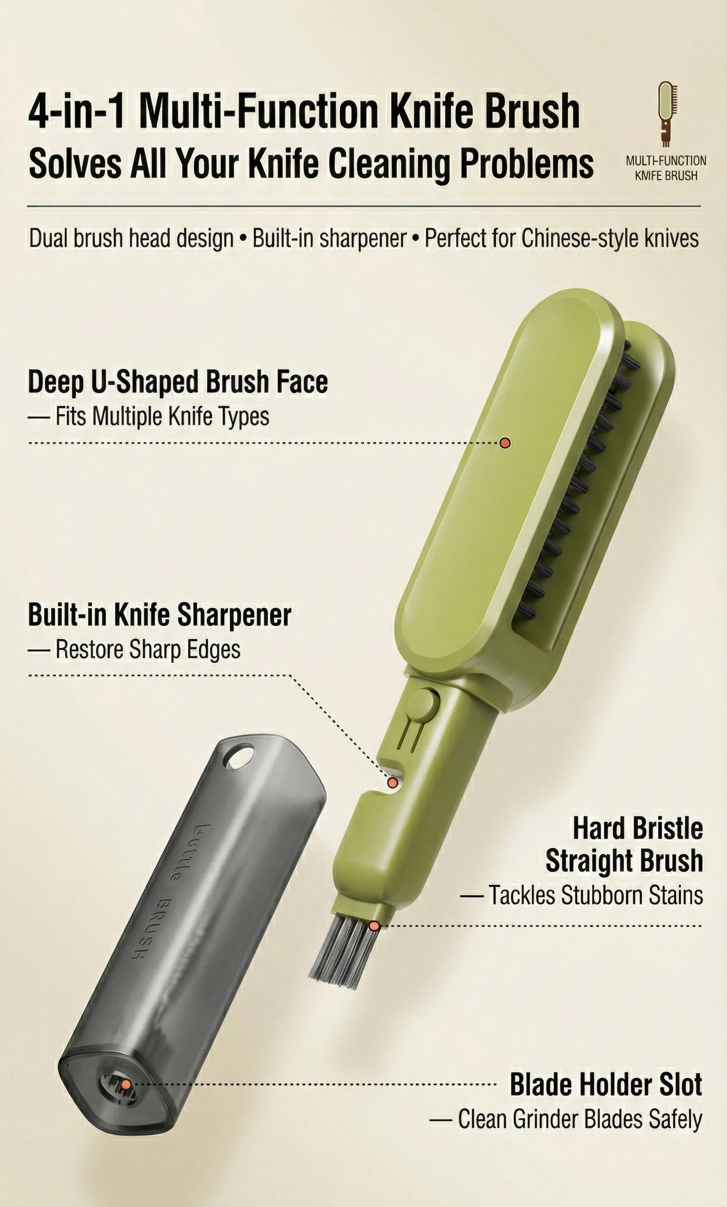 4-in-1 Knife & Utensil Cleaning Brush with Built-in Sharpener