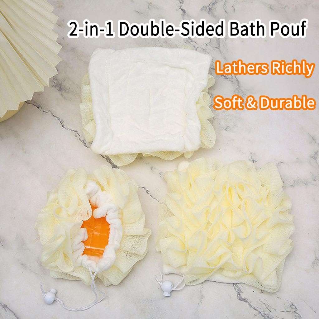 2 Pack 2-in-1 Bath Loofah & Shower Ball with Soap Pouch & Drawstring